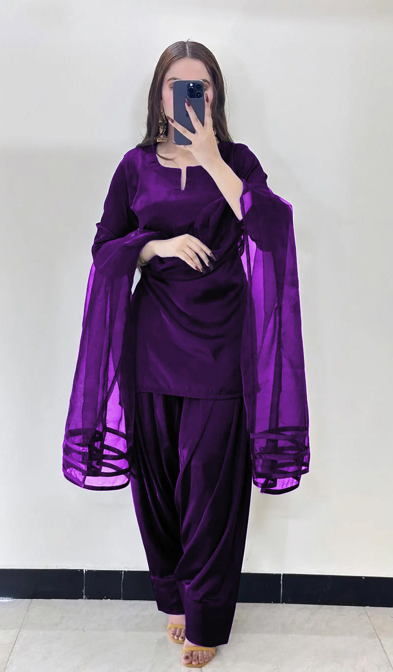 V Neck Plain Shirt With Long Flare 3 Yards Orignal Farshi Shalwar And Dupatta 3Pcs