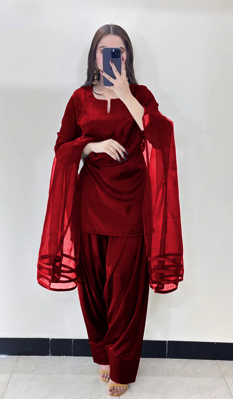 V Neck Plain Shirt With Long Flare 3 Yards Orignal Farshi Shalwar And Dupatta 3Pcs