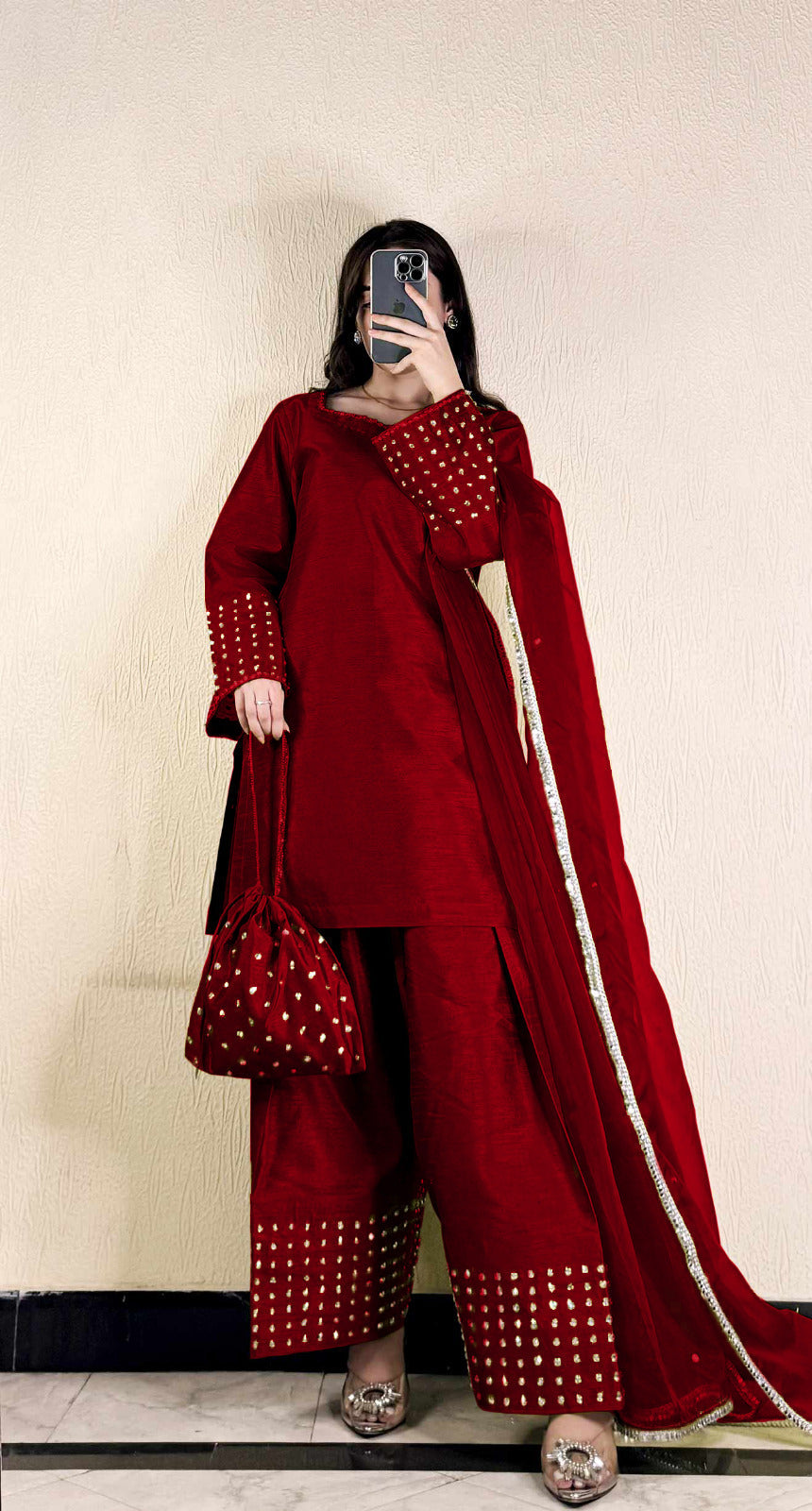 Most Trending Article Farshi Shalwar Kameez With Potli 4Pcs❤️